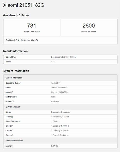 Результаты теста Xiaomi Mi Pad 5 в Geekbench