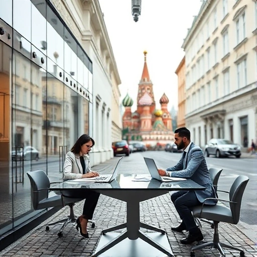 A modern investment studio located in the historic center of Moscow, featuring sleek glass offices with subtle Russian architectural details like ornate cornices and pastel-colored facades from the 19th century, professionals in business attire discussing financial plans at a minimalist desk with laptops and charts, soft natural light from large windows, cobblestone street visible outside with distant domes of St. Basil’s Cathedral blurred in the background, no text, no signs, no logos, no peopl