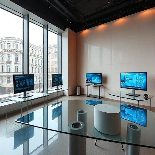 A modern investment studio interior in the historic center of Moscow, featuring sleek glass desks, digital screens displaying real estate analytics, and subtle architectural elements of 19th-century Moscow facades visible through large windows — warm ambient lighting, minimalist design, no people, no text or signage