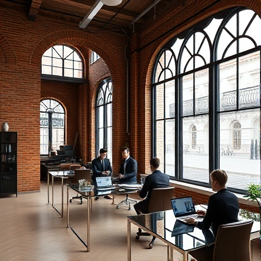 A modern investment studio interior located in a historic building in central Moscow, featuring exposed brick walls, large arched windows with views of old Moscow streets, sleek glass desks, laptops displaying financial charts, a small team of professionals in business casual attire discussing redevelopment plans, subtle hints of Russian architectural details like ornate cornices or wrought iron balconies, warm natural lighting, high-quality realistic rendering