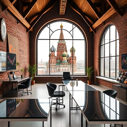A modern investment studio interior located in the historic center of Moscow, featuring sleek glass desks, minimalist furniture, and digital displays showing financial charts, set against the backdrop of exposed 18th-century brick walls, ornate wooden beams, and a large arched window revealing the golden domes and spires of Moscow’s historic skyline — including St. Basil’s Cathedral and the Kremlin towers — bathed in soft morning light. The atmosphere blends contemporary professionalism with tim